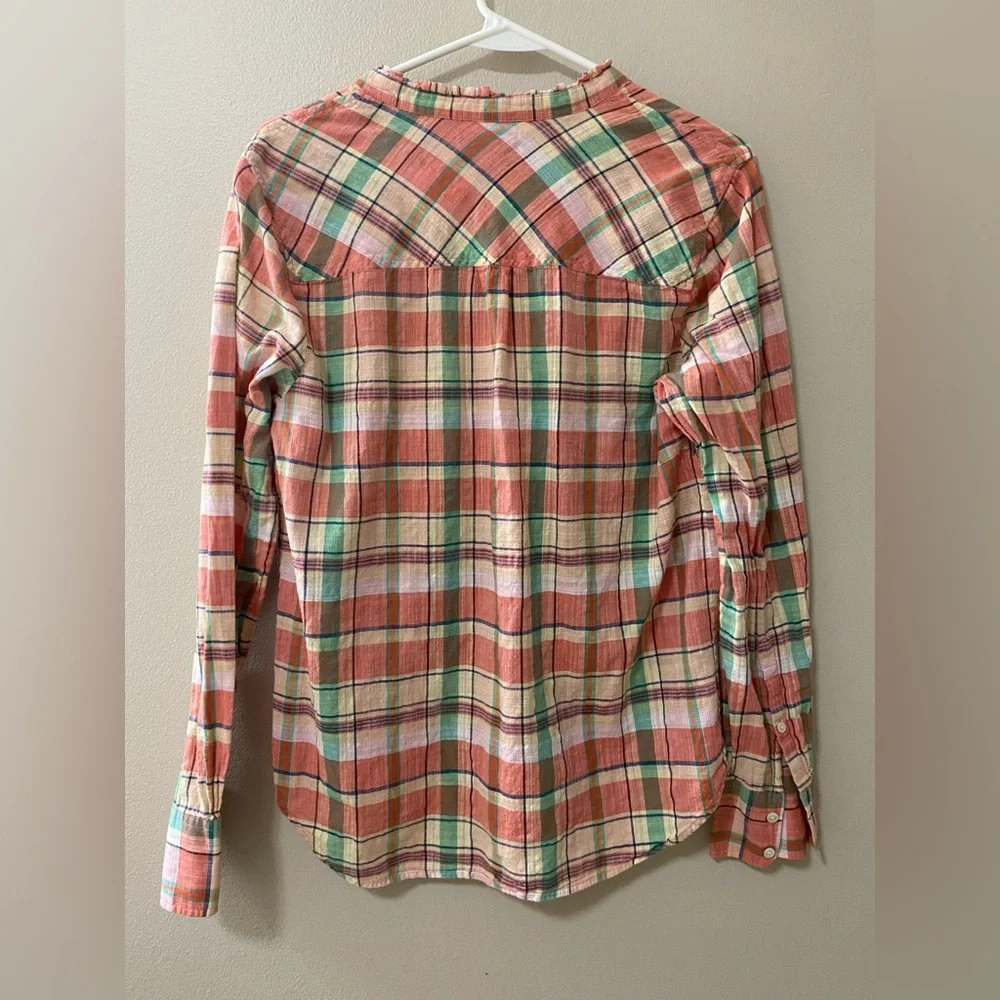 J.Crew womens size 8 ruffled plaid popover shirt melon long sleeve lightweight